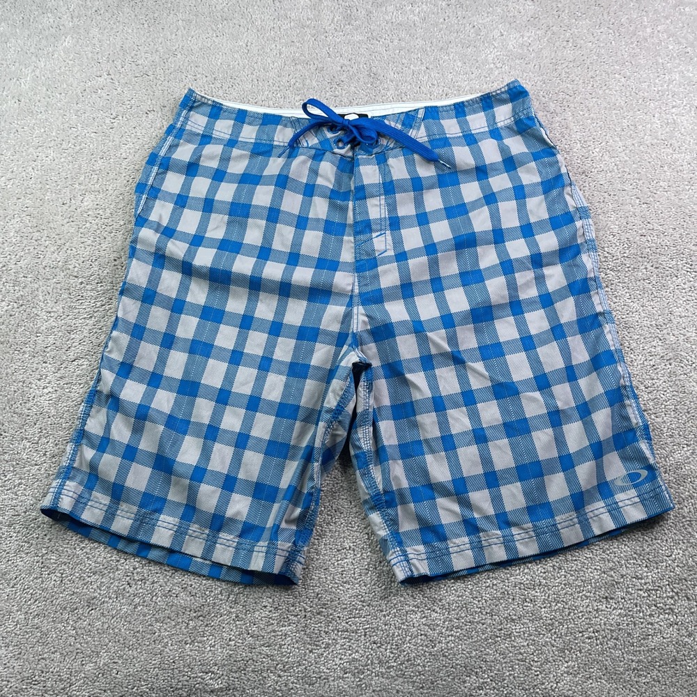 Oakley‎ Board Shorts Mens 38 Blue Grey Checkered Swim Trunks Surf Beachwear